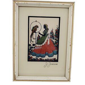 Vintage J Jensen Framed Art Print With Caged Parrot & Lady In Ornate Dress